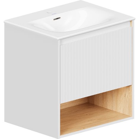 BERNSTEIN - Mobile lavabo sospeso MDF Bianco opaco, lavabo DURAVIT Bianco lucido + foro rubinetto, troppopieno, piletta - 63x49x62cm - BELDIVO	Bianco opaco