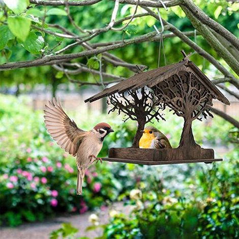 Mangeoire Pour Oiseaux - En Bois De Bouleau Plywood - Design Pagode Rustique Avec Silhouette D'arbre - Suspension Ou Pose Sur Support - 1 Pièce (1/5)