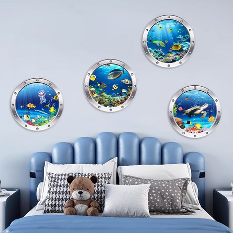 3D-Wandaufkleber-Set mit 4 Meeresfischmotiven für Badezimmer und Dusche
