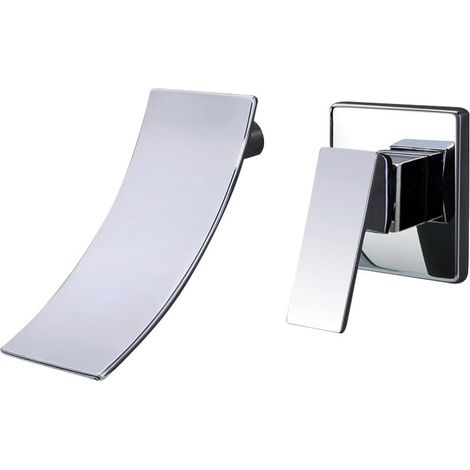 Mitigeur mural de lavabo avec bec cascade extra-large, robinet encastré brossé pour salle de bain, mélangeur haut débit, finition acier brossé, installation murale. (1/5)