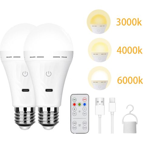 Lot de 2 Ampoule LED Rechargeable E27 2200mAh - Télécommande Minuterie, 3 Températures de Couleur, Éclairage Urgence Intérieur/Extérieur avec Crochet (1/5)