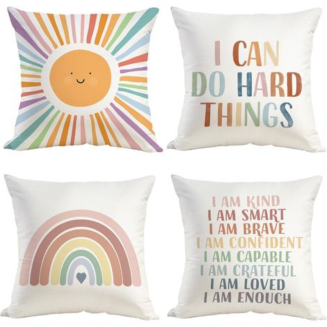 Funda de cojín bohemia de 45x45 cm, juego de 4, arcoíris - Cojín infantil decorativo de tela suave y lavable para la habitación del bebé. (1/5)