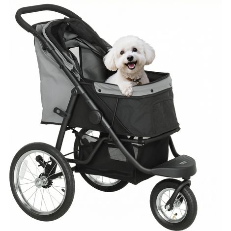 Poussette canin pliable grise avec coffre de transport, coussin nettoyable, roulettes caoutchoutées et toit ajustable