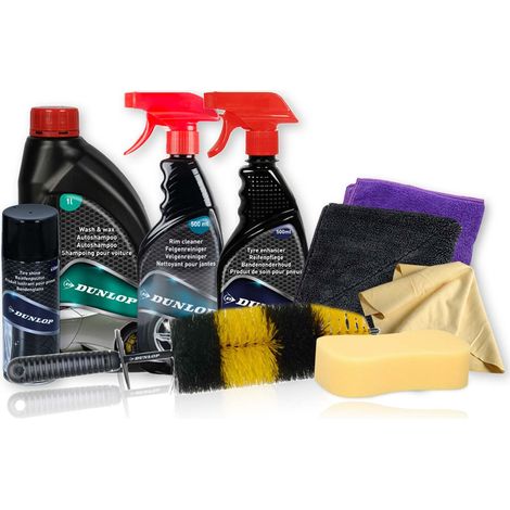 Dunlop Kit Nettoyage Jantes & Roues 9 Pièces KNRJ1 - Shampoing, Nettoyant, Brosse, Microfibres, Brillance & Propreté