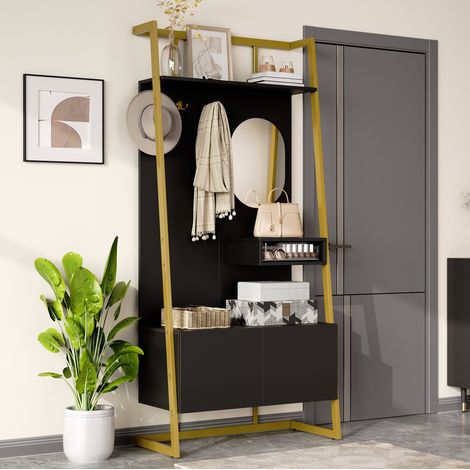 Mueble zapatero de entrada con espejo, ganchos y almacenamiento, negro HAVRYA (1/5)