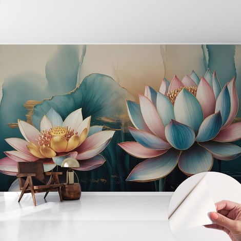 Papier peint adhésif avec colle pour décoration moderne de salon chambre à coucher cuisine et bureau Facile Lotus de l'harmonie 416x254 cm (1/5)