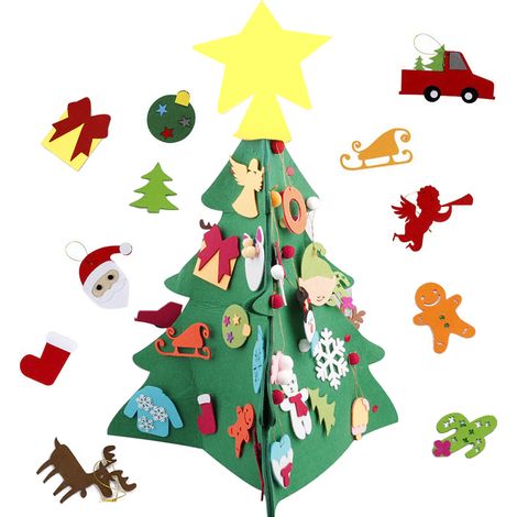 Sapin de Noël 3D en feutrine, accessoires faits main, décoration de Noël avec 30 ornements à scratch. (1/5)