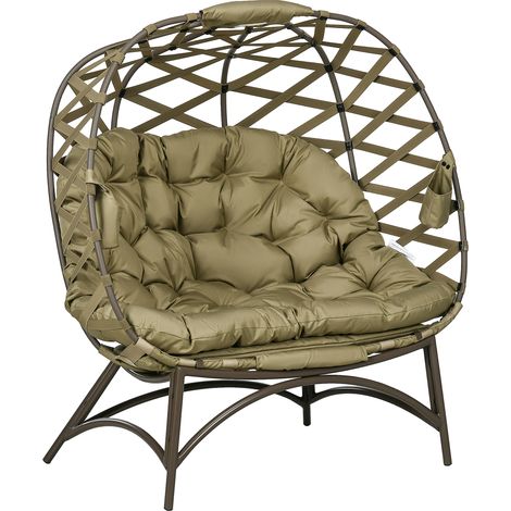 2 Seater Egg Chair Outdoor, Folding Weave Garden Furniture Chair with Cushion, Cup Pockets - Khaki (1/5)