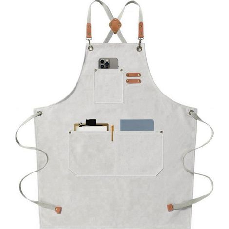 Tablier Cuisine - Coton 16 Oz - Design Croisé avec Grandes Poches - Bretelles Ajustables 155 Cm - Taille M à XXL - Blanc (1/5)