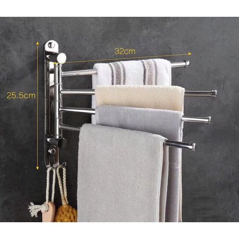 Porte-serviettes mural 4 barres, pivotant à 180°, en acier inoxydable SUS304, 32 cm, pour lavabo de salle de bain ou de cuisine - argent (1/4)