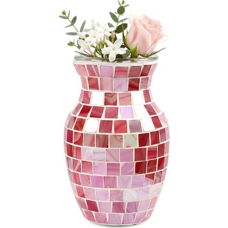 Vase à fleurs en verre fait à la main en mosaïque - 20 x 10 x 11 cm - Vase décoratif - Décoration de table et de mariage - Vase moderne pour salon, cuisine, chambre à coucher et bureau (rouge) (1/5)