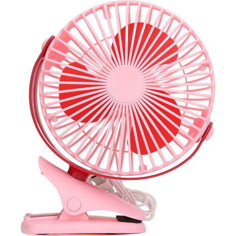 Ventilateur USB à pince orientable pour maison, voiture, dortoir, poussettes, voyage, camping, rose (1/5)