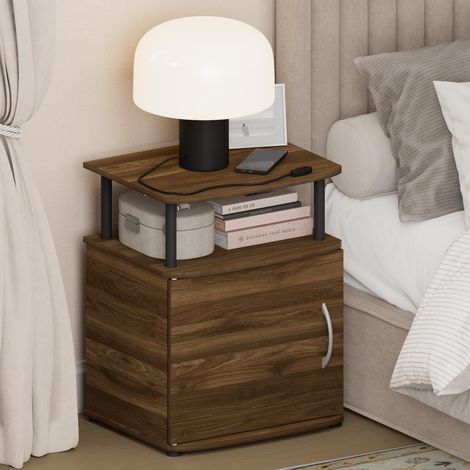 Table de Chevet avec Porte, avec Étagère Ouverte et Armoire à Porte, à Coins Arrondis, Table d’Appoint, Bout de Canapé, pour Chambre, Dressing, Salon, Noyer Columbia (1/5)