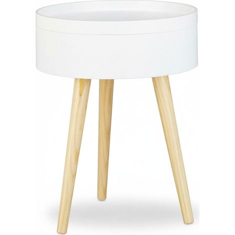 Table d’appoint ronde scandinave tendance 50 x 38 x 38 cm avec espace de rangement pratique en bois blanc (1/4)
