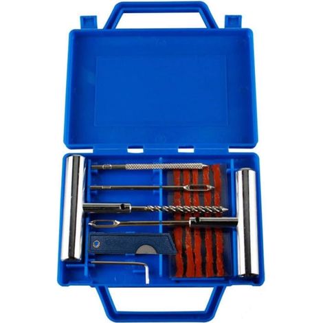 Kit di riparazione pneumatici per impieghi gravosi da 11 pezzi per auto, moto, quad, jeep, camion e trattori, con contenitore.