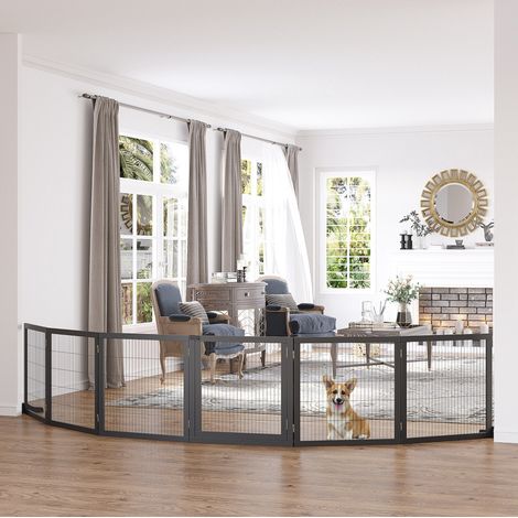 Barrera plegable para perros 432 x 36 x 70 cm en madera de pino y acero negro OKMYHOME (1/5)