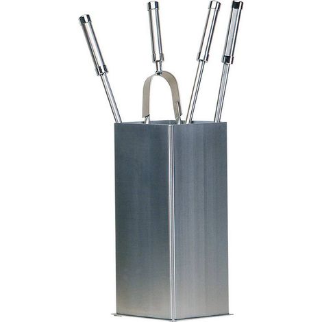 Porta attrezzi camino acciaio inox quadrato 4 accessori h.62 base 16 x 16 cm. finiture cromo.  Made in Italy