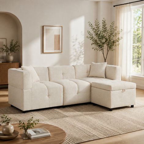 Sofá esquinero modular de 3 plazas con puff arcón beige DESVIAE (1/5)