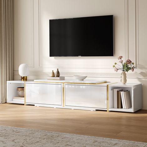Porta TV estensibile 275x35x37cm per soggiorno - Mobile TV moderno bianco lucido con dettagli dorati - Mobiletto basso per televisione in pannello truciolare con vani aperti (1/5)