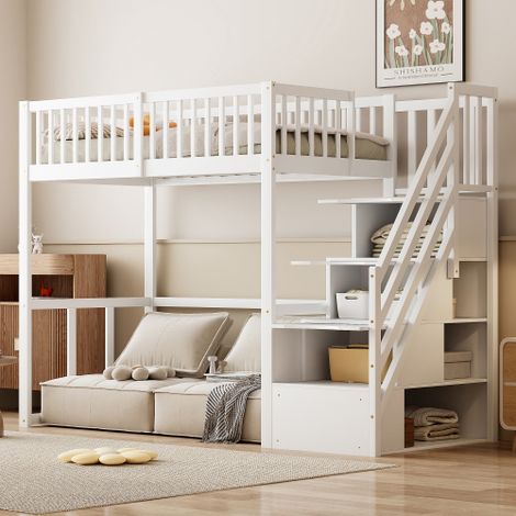 Cama altillo infantil de 90x200 cm con escalera de almacenamiento segura, base de láminas, sin colchón, blanco (1/5)
