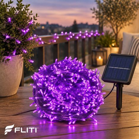 FLITI 12m Purple Outdoor LED String Lights, 100 Solar Powered, 8 Modes, UV Waterproof (1/5)