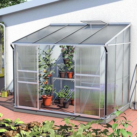 Serre adossée IDA 5200 - 5,20 m² polycarbonate avec porte coulissante et lucarne, Couleur Noir, Polycarbonate 4 mm