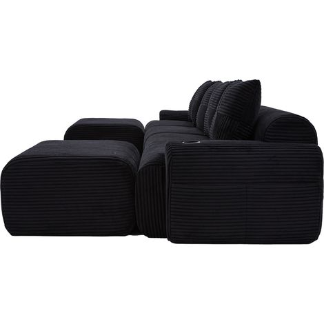 Canapé modulaire 4 places en velours côtelé noir, avec 2 poufs, porte-gobelet et poche latérale, grand format pour salon familial CHICFURN (1/5)