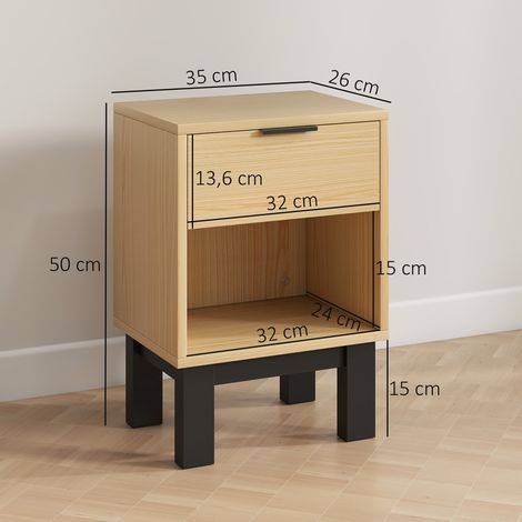 Mesita de noche, mesa auxiliar con cajón, compartimento abierto, mesita de noche para dormitorio, salón, 35 x 26 x 50 cm, roble
