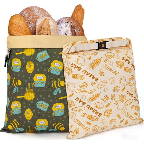 Sacs à pain extra larges en cire d'abeille (conçus pour le pain - lot de 2, motif citron) - Sacs de rangement réutilisables, 100 % coton