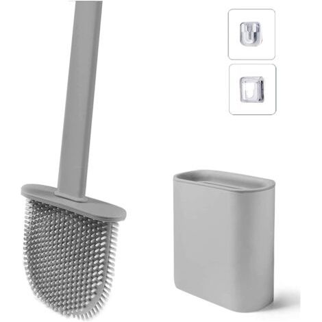 Brosse de Toilette avec Support, Brosse WC Silicone Flexible, Brosse de Toilettes à Séchage Rapide et Récipient pour Salle de Bain avec Support Murale, Grise (1/5)