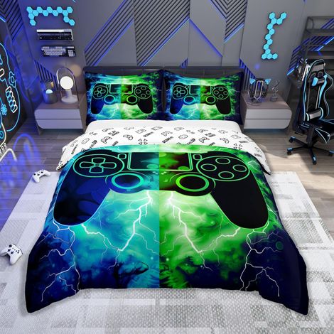 Parure de lit moderne 100 % coton avec housse de couette de 135 x 200 cm, pour console de jeu, motif de manette de jeu, vert, bleu (1/5)
