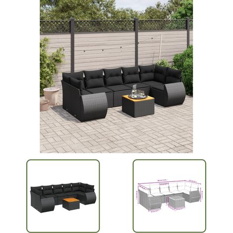 The Living Store Salon de jardin 8 pcs avec coussins noir résine tressée - Ensemble Salon De Jardin - Meuble Extérieur - Jardin - Terrasse - Patio (1/3)