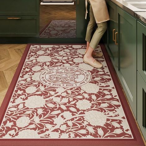 Feuilles Rétro Tapis Cuisine Long Antidérapant, Lavable Absorbant Diatomite Cuisine Devant Evier Tapis de Bain Vaisselle Douche (Rouge,50x80cm) (1/5)