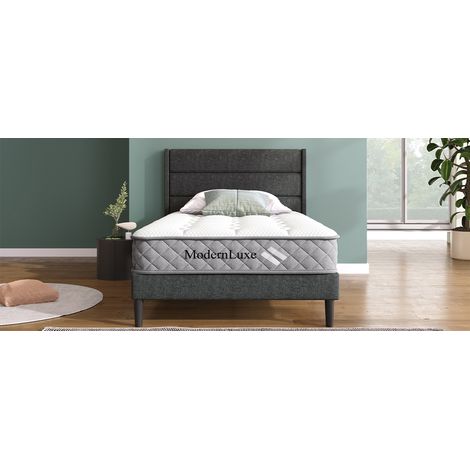 Lit double de 90 x 200 cm. Structure du lit composée de lattes. Matelas doux. Couverture en tissu de lin gris. Design moderne et éternel. Lit pour adolescents (avec matelas). (1/5)