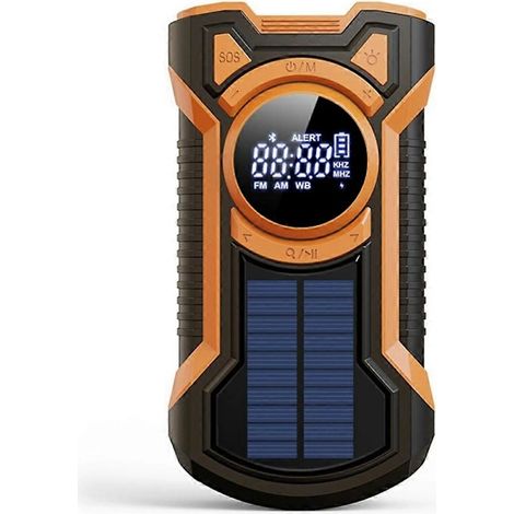 Radio d'urgence solaire à manivelle, AM/FM, WB, Bluetooth et lampe torche LED, orange. (1/2)