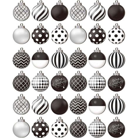 Ensemble de 36 boules de Noël noires et blanches, boules décoratives de 2,5 pouces pour sapin de Noël, 12 styles différents (1/5)