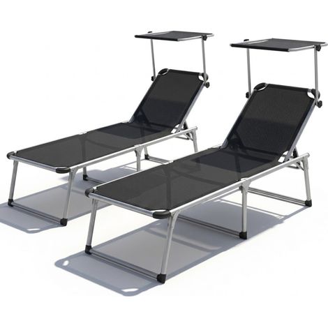 Coppia Di Lettini Pieghevole Prendisole Tettuccio Parasole Schienale Reclinabile Regolabile 6 Posizioni In Alluminio Struttura Sedia Sdraio Per Spiaggia Mare Piscina Giardino 187 x 59 x 29 Cm (Nero)