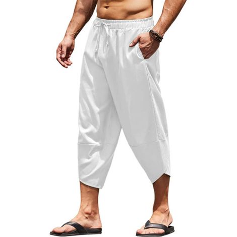1 pantalon Capri homme, taille élastique avec cordon, coupe ample et respirante, pour plage et yoga, en coton (1/5)