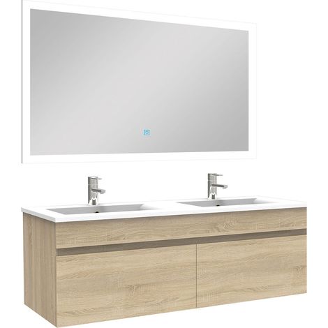 Ensemble Salle De Bain double vasque 120cm meuble Chêne Wotan avec miroir lumineux