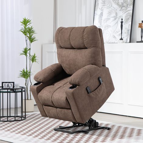Sillón Relax Eléctrico con Ayuda para Levantarse, Masaje Vibratorio y Calor Lumbar, 2 Portavasos, Poliéster Marrón (1/5)
