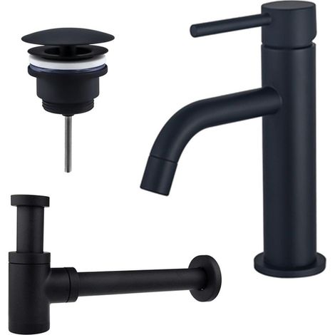FugaFlow Eccelente Sobrado Slim Slim Kit mitigeur lavabo - robinet bas - bonde non-obturable - siphon design bas - Noir mat (1/4)