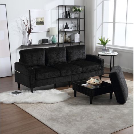 Sofa 196,5/75/77 cm in Schwarz aus Chenille mit Stauraum-Hocker, Getränkehaltern und Seitentaschen (1/5)