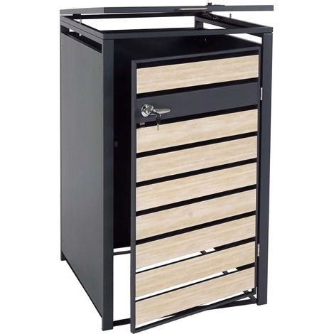 XL 1er/2er-Mülltonnenverkleidung HHG-407, Mülltonnenbox, Metall 36kg anthrazit Buche-Holzoptik hellbraun