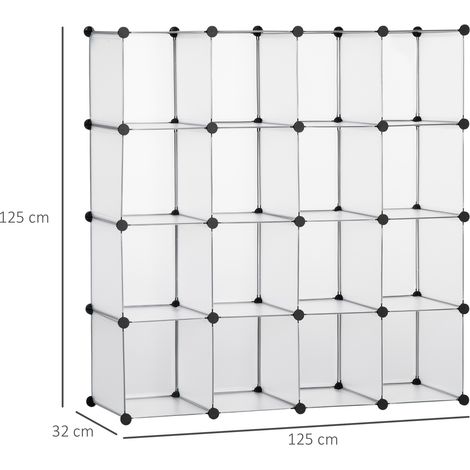 Étagère à chaussures modulaire gain de place, 16 cubes (30 x 30 x 30 cm, en acier et PP), 125 x 32 x 125 cm, transparente (1/5)