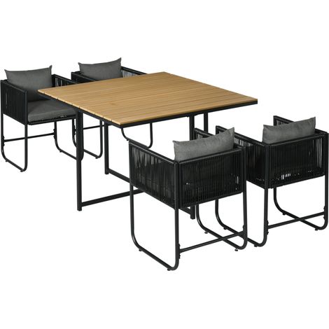 Outsunny 4 Seater Rattan Cube Garden Furniture Set, Rattan Dining Set with Cushions, Outdoor Dining Table and Chairs with Rectangular Wood Grain Plastic Top Table for Patio, Balcony, Black