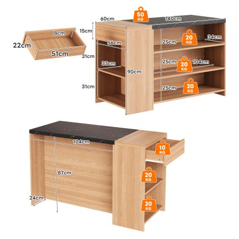 Îlot de cuisine / Bar / Table à manger — 5 niveaux de rangement et tiroir dissimulé — Plan de travail extra-épais — Finition Chêne et imitation marbre noir
