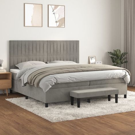 Lit à sommier tapissier et matelas, Lit adulte pour 2 personnes Assemblage Facile, Gris clair 200x200cm Velours OIB3639E (1/5)