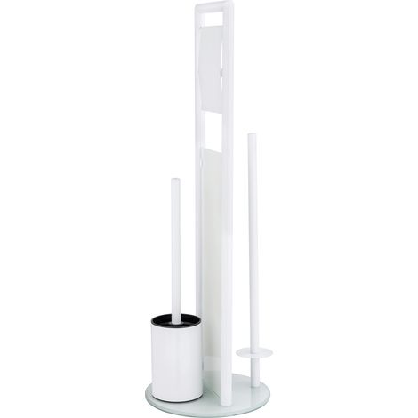 Wenko – Serviteur WC 3 en 1 – Brosse WC, dérouleur papier toilette et range rouleaux – Acier inox et verre trempé – 20x70 cm – Blanc
