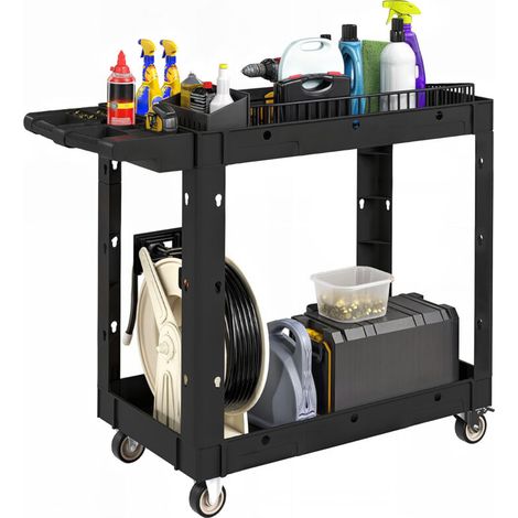 Chariot à outils, étagères à 2 niveaux, poignée, roulettes, plastique, noir (1/5)