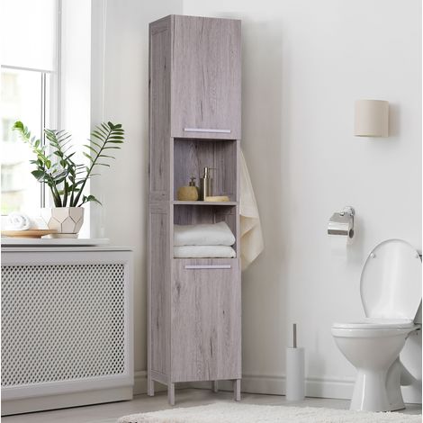 Colonne de salle de bain avec 2 placards et 2 étagères ouvertes, meuble de salle de bain en MDF à surface lisse, 30 x 32 x 172,5 cm, couleur bois (1/5)